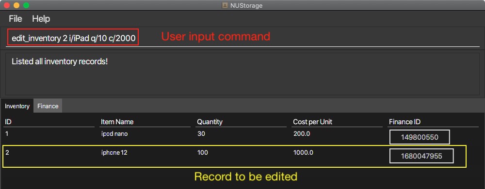 Edit inventory command example