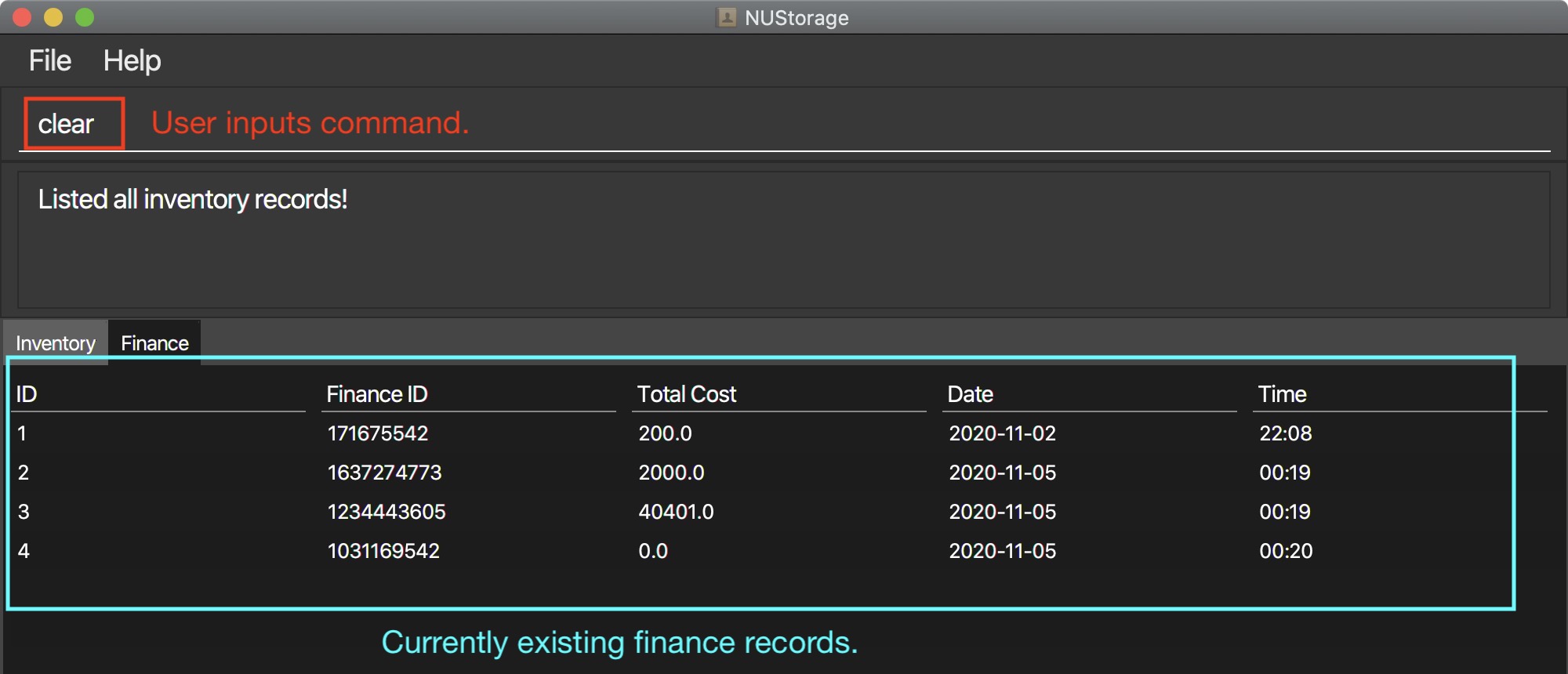 Clear command example finance