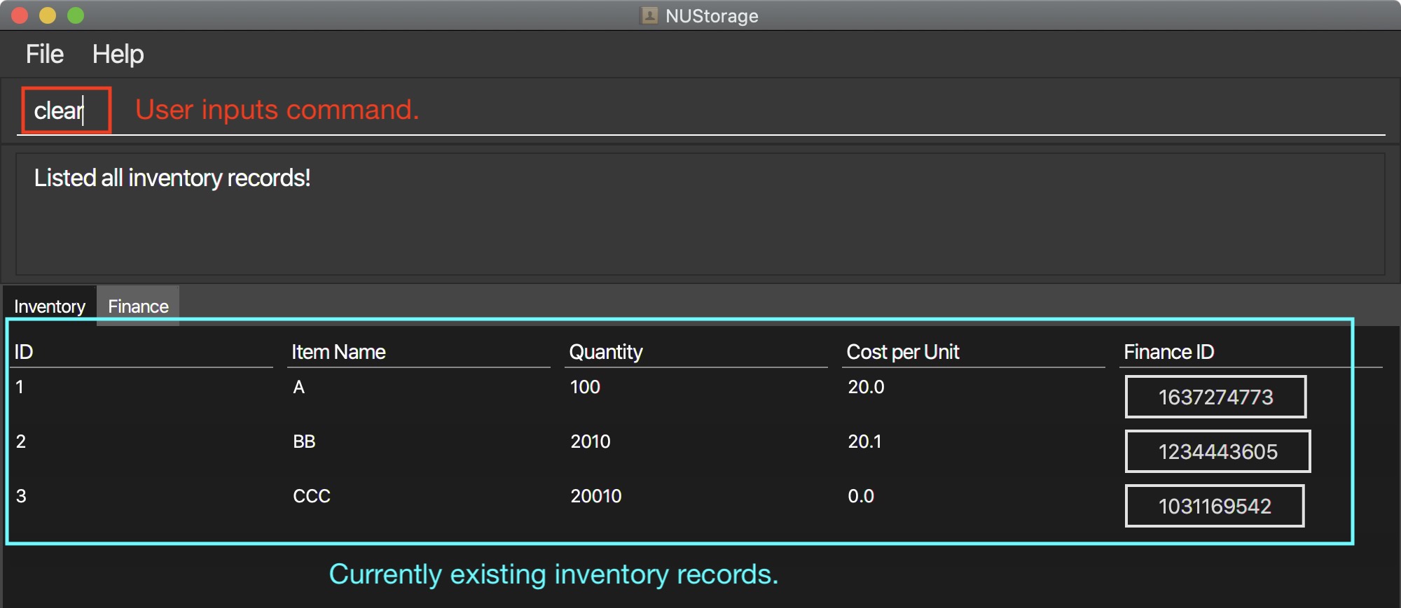 Clear command example inventory