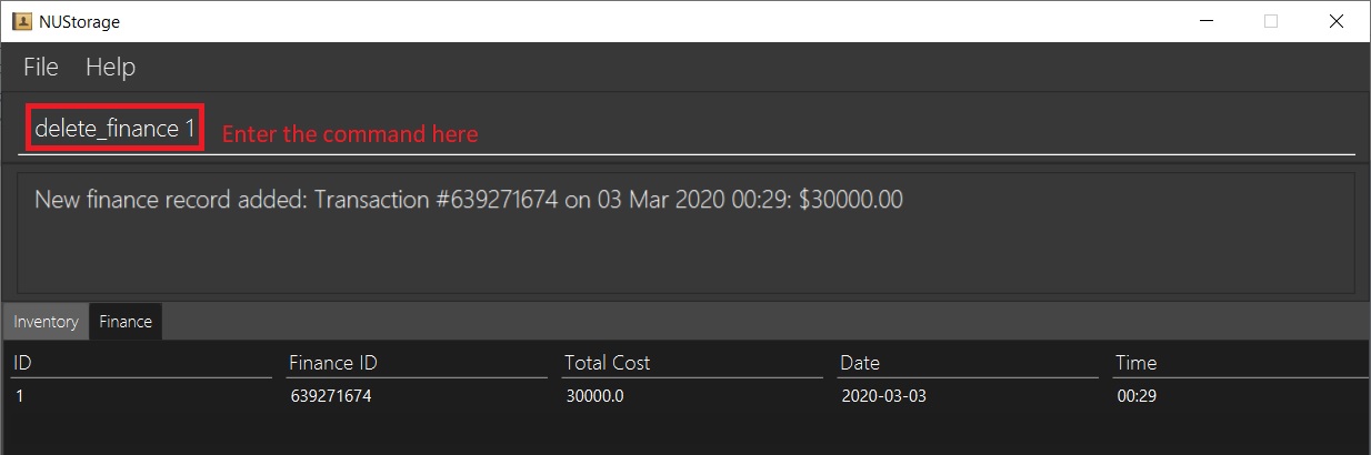 Delete finance command example