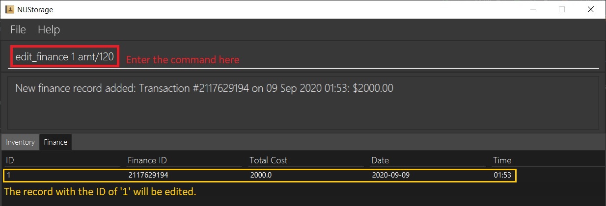 Edit finance command example